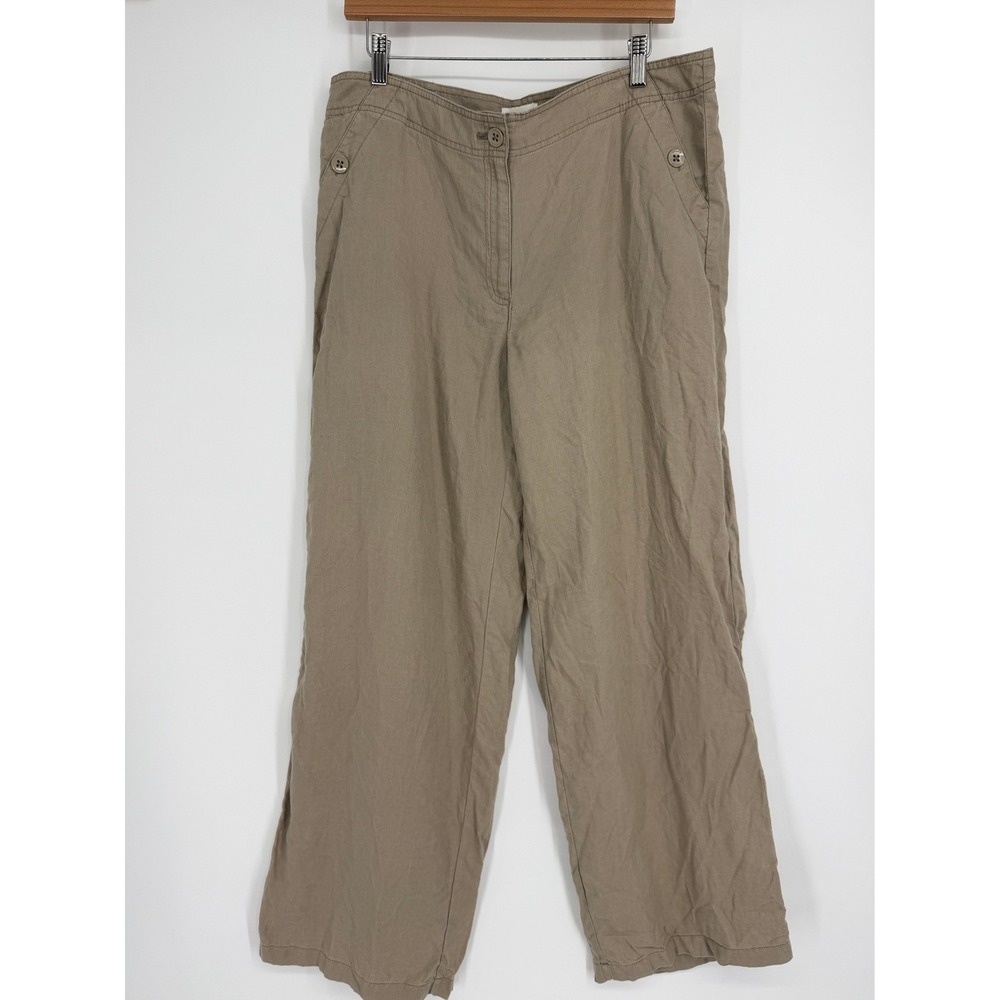Chicos Wide Leg Linen Pants Tan Brown Pockets Sz 2 L Minimalist Coastal‎